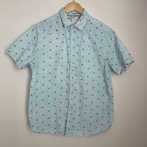 Denim & Flower Ricky Singh Mens Shirt Large Palm Tree Blue Cotton Short Sleeve
